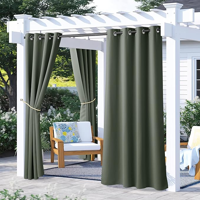 NICETOWN 2 Panels Greyish Green Outdoor Curtains for Patio Waterproof, Rustproof Grommet Blackout Indoor Outdoor Drapes Thermal Privacy Window Treatments for Pergola/Porch, W52 x L72