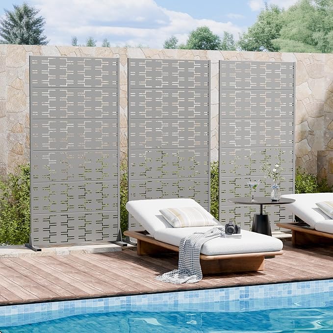 Casaphoria Metal Privacy Screen Outdoor, 72" H x 35" W Freestanding Decorative Privacy Screen for Patio Deck Balcony Garden with Stable Base, Grey-Brick