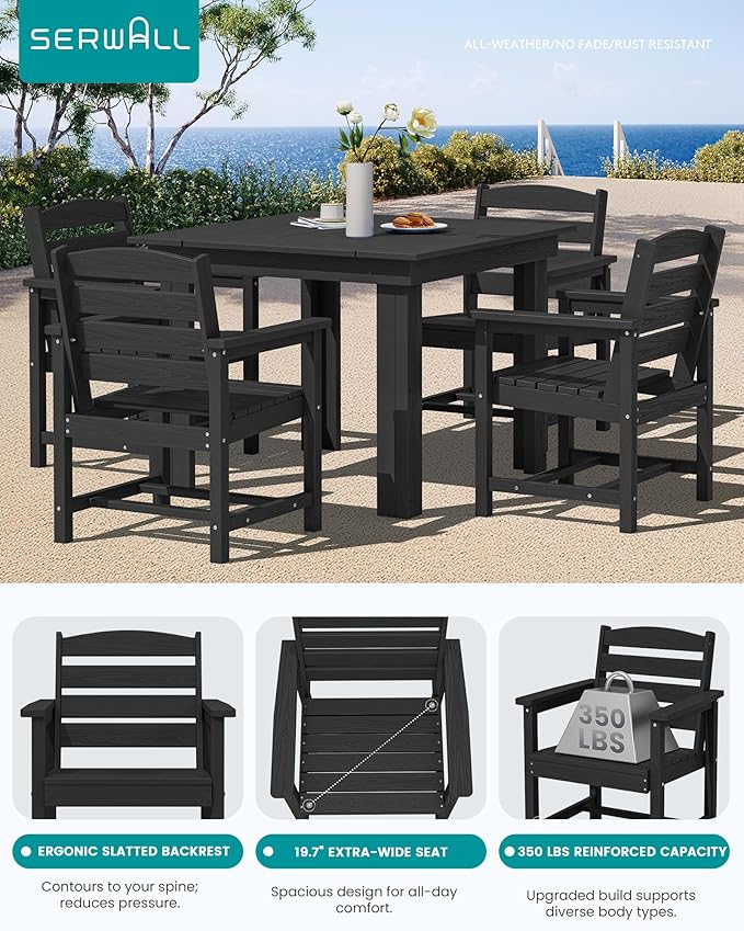 SERWALL Outdoor Dining Set for 4, HDPE Square Table and Chairs Set All Weather Patio Dining Set with 4 Classic Dining Chairs, 5-Piece Patio Dining Furniture for Deck, Black