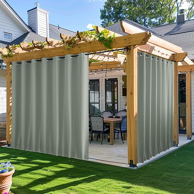 NICETOWN 2 Panels Outdoor Curtains for Patio Waterproof & Windproof, Extra Wide Grommet & Back Tab on Top & Bottom Thermal Insulated Sun Blocking Drapes with Rope for Gazebo, Sage Green, W100 x L95