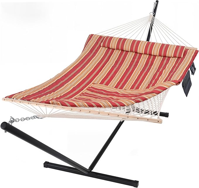 SUNCREAT Hammocks Portable Hammock with Stand, Hammock with Stand 2 Person Heavy Duty for Bedroom, Backyard, Patio, Balcony, Red Stripe