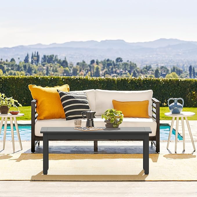 LUE BONA Outdoor Coffee Table, HDPS Patio Coffee Tables for Outside Rectangle, Adjustable Levelling Feet/Weather Resistant, Patio Table for Deck, Pool, Balcony, Indoor or Outdoor Use, Dark Gray