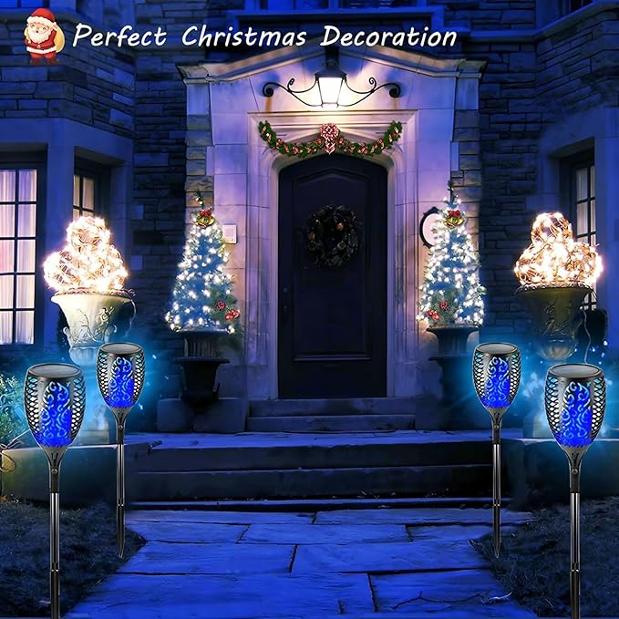 4 Pack Outdoor Solar Flame Light,Solar Lights Outdoor for Garden Decorations with Flickering Flame,IP65 Waterproof Solar Powered Yard Lights Torch Light for Lawn Patio Pathway (Blue)
