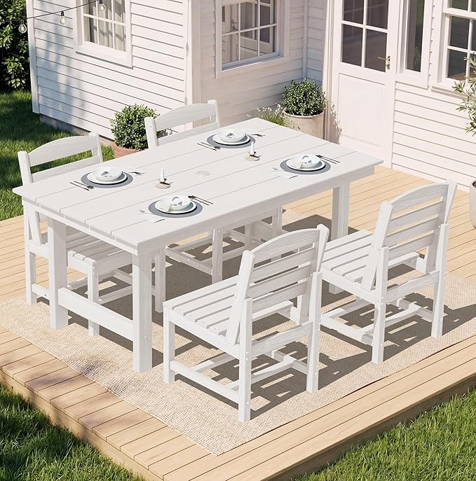 SERWALL Patio Dining Sets for 6 Person, HDPE Dining Set with 6 Armless Chairs, White