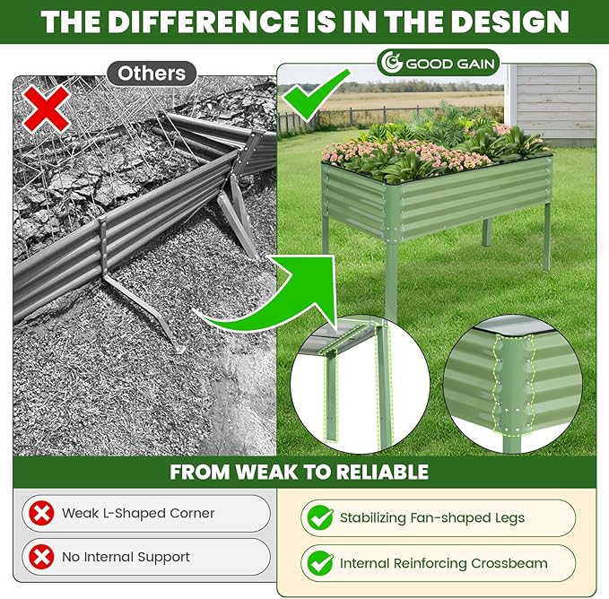 G GOOD GAIN Elevated Raised Garden Bed 2' x 4'- Galvanized Metal Planter Boxes with Legs, Outdoor Planters for Backyard/Patio/Balcony, with Drainage Holes for Vegetables, Flowers, Herbs, Green