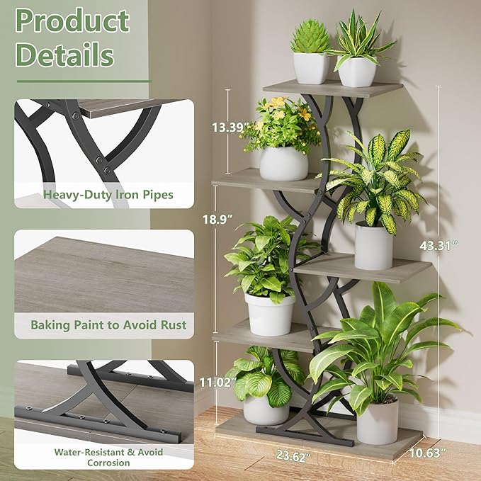 Plant Stand Indoor with Grow Lights - 44" Tall Corner Plant Stands for Indoor Plants, 5 Tiered Metal Plant Shelf, Curved Plant Flower Holder Dispaly Rack for Living Room, Home Patio Balcony (Gray)