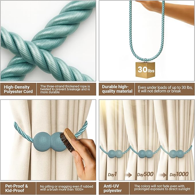 Hion Magnetic Curtain Tiebacks Gray Blue 6 Pack, Curtain Tiebacks Buckles Holdbacks Holders Hooks Clip for Home Bedroom Office Decorative Thick or Thin Curtain