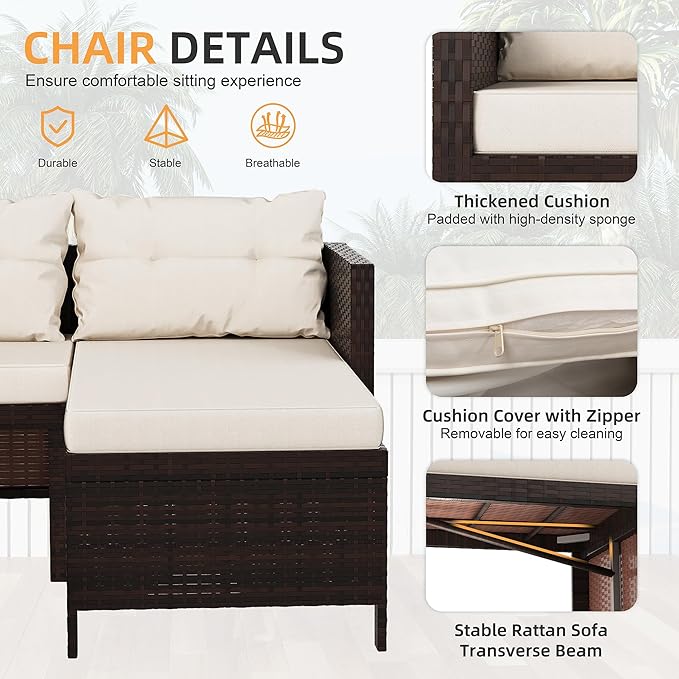 Shintenchi 3-Piece Outdoor Patio Furniture Sets, Wicker Patio Conversation Sets, All Weather Wicker Rattan Patio Seating Sofas with Glass Coffee Table and Cushion, Beige