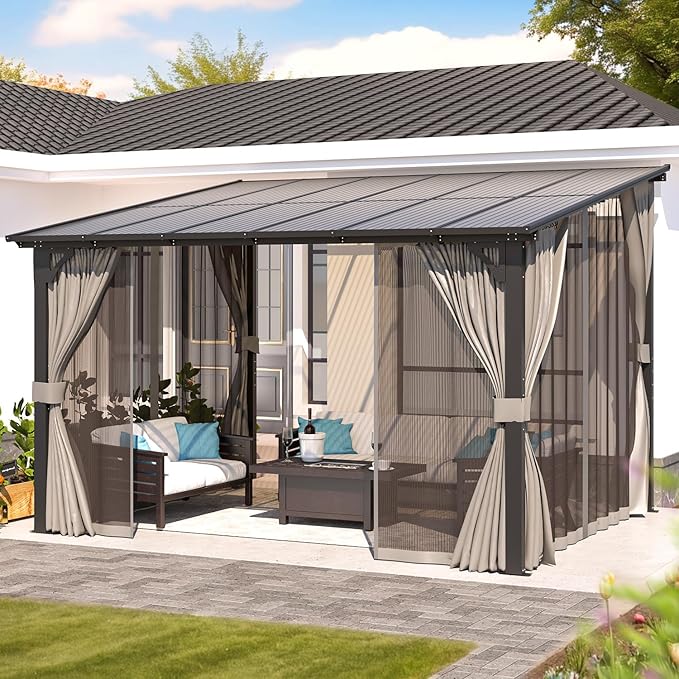 AECOJOY Wall Gazebo 12’ x 10’ with Curtains and Mosquito Netting, 10'x12' Hard Top Gazebos Pergola on Clearance, Outdoor Patio Lean to Gazebo Canopy Awnings for Deck, Porch, Backyard and Outside