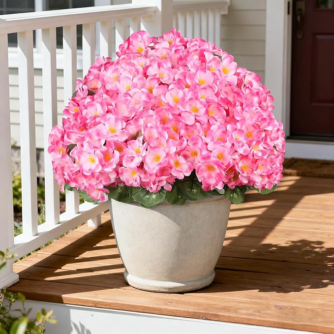 Artificial Geraniums Flowers for Outdoors, 6 Bundles Realistic Silk Fake Geranium, No Fade Faux Plants for Hanging Baskets, Window Boxes, Pots - Porch, Patio, Garden Decor(Pink)