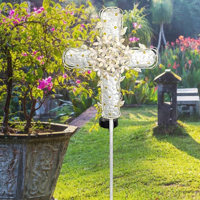 38Inch Solar Cross Garden Lights Outdoor Decorative - Solar Metal&Glass Cross White Hydrangea Flower Stake Lights- Waterproof 20 Warm White LED for Remembrance Gifts & Sympathy Gifts.