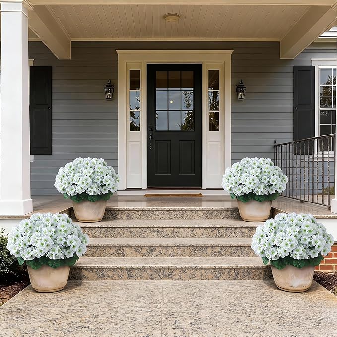 2 Pack Artificial Geranium Flowers Topitary Trees for Outdoors, UV Resistant Geraniums Potted Bushes Look Real Silk Faux Plants for Front Door Garden Porch Planter Farmhouse Home Decor (White)