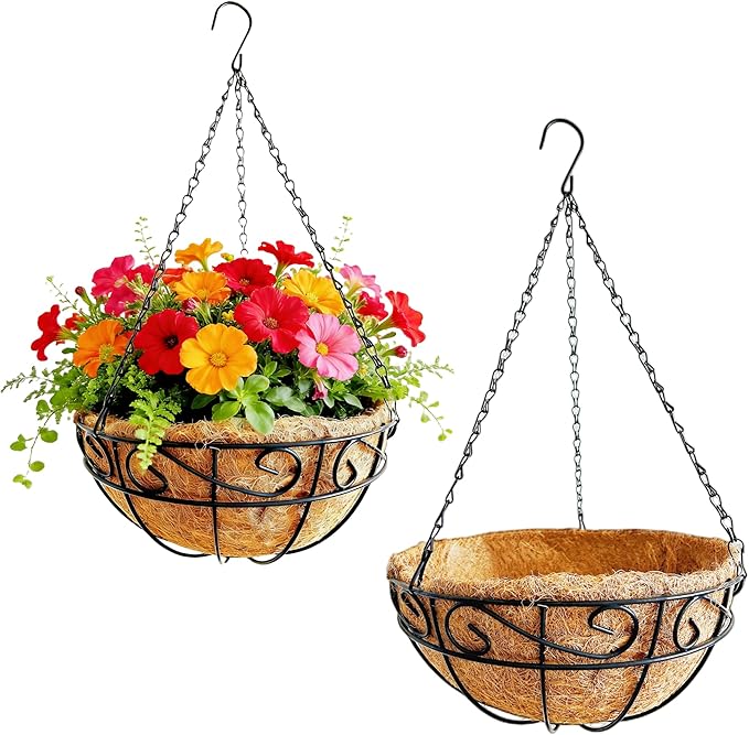 Hanging Planters for Outdoor Plants,2 Pack 12 inch Wire Hanging Baskets with Coco Coir Liner,Hanging Flower Basket for Indoor,Outdoor Garden Decoration