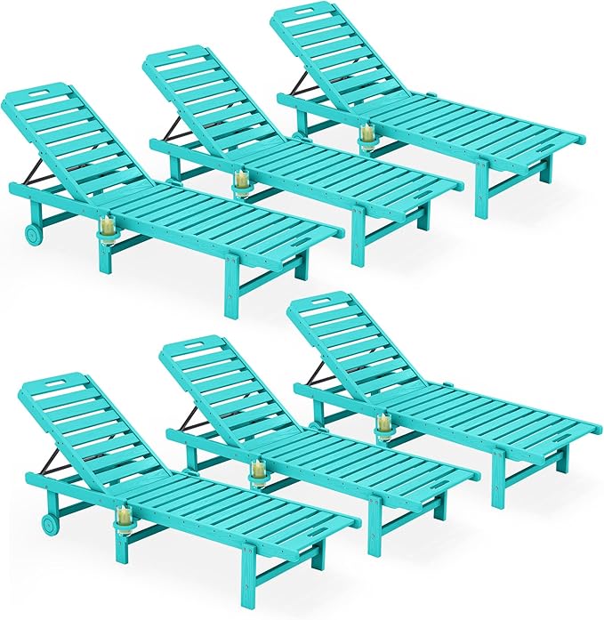 SERWALL Outdoor Chaise Lounge Set of 6, HDPE Pool Lounge Chair with 5-Position Adjustable Backrest, Patio Lounger with Rolling Wheels & Cup Holder for Pool, Aruba