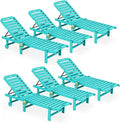SERWALL Outdoor Chaise Lounge Set of 6, HDPE Pool Lounge Chair with 5-Position Adjustable Backrest, Patio Lounger with Rolling Wheels & Cup Holder for Pool, Aruba
