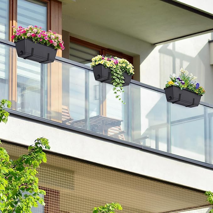 ETELI Deck Railing Planter Boxes 6 Pack Window Box with Brackets Adjustable Balcony Fence Planters Hanging Flower Boxes for Porch Patio Garden Outdoor, Grey & Black