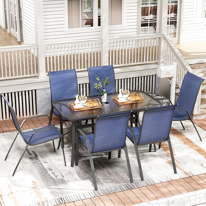 TLSUNNY 7 Pieces Patio Dining Set, Outdoor Table and Chairs W/1.69″ Umbrella Hole, 30"X 55" Table and Stackable Textilene Chair, All Weather Patio Furniture Set (Umbrella not Included) (Navy Blue)