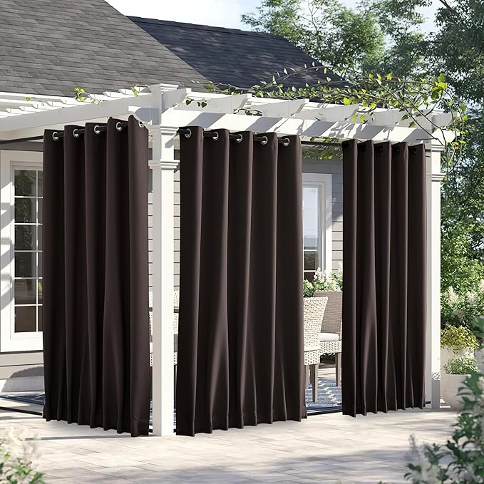 NICETOWN 2 Panels Weighted Outdoor Curtains for Patio Waterproof, Thermal Insulated Grommet & Back Tab on Top & Bottom Windproof Sun Blocking Draperies for Gazebo with Rope, Toffee Brown, W66 x L84