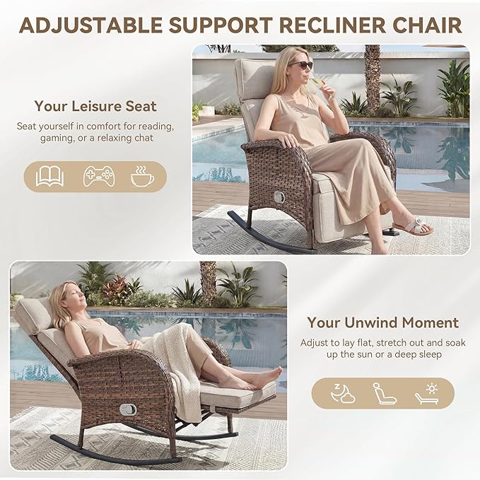Zero Gravity Patio Rocking Wicker Recliner Chair - Wicker Outdoor Lounge Chair with Adjustable Backrest & Footrest, All Weather Reclining Rocker Chairs with Thick Cushion for Pool Deck Beige