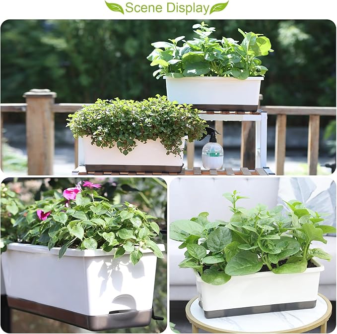 Window Box Planter 8 Pcs, 17 Inches Rectangle Flower Pots with Drainage Holes & Trays, Vegetable Planters for Windowsill Patio Garden Balcony Home Indoor Outdoor (White, 16 * 7 * 6 inch)