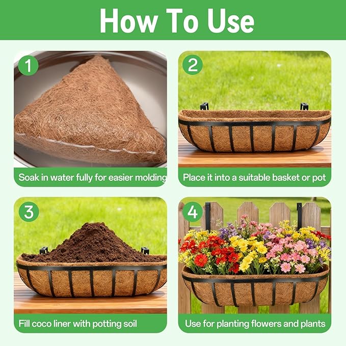 ZeeDix 36 Inch Trough Coconut Liners for Planters (4-Pack) - 100% Natural Coconut Coir Fiber Planter Liners Replacement for Window Boxes, Wall Baskets, Deck Flower Boxes, Garden Railing Fence Troughs