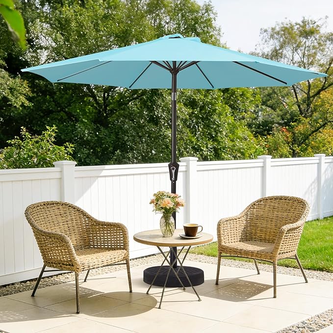 MEWAY 9ft Patio Umbrella Outdoor Table Umbrellas with Push Button Tilt and Crank, Market Umbrella 8 Sturdy Ribs for Deck, Garden, Pool and Backyard, Sky Blue