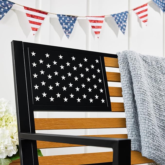 Best Choice Products Outdoor Bench 2-Person Steel Indoor/Outdoor Bench for Garden, Patio, Porch, Entryway w/American Flag, 790lb Capacity – Black/Wood