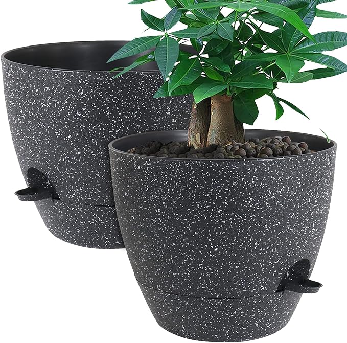 12inch 2Pack Large Self Watering Planters, Plastic Plant Pots with 60oZ Removable Deep Reservoir and Multi Mesh Drainage Holes for Indoor Outdoor Garden Plants and Flowers, Black Speckles
