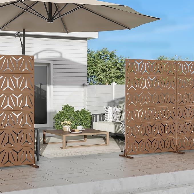 Casaphoria Metal Privacy Screen Outdoor, 72" H x 47" W Freestanding Decorative Privacy Screen for Patio Deck Balcony Garden with Stable Base, Brown Star
