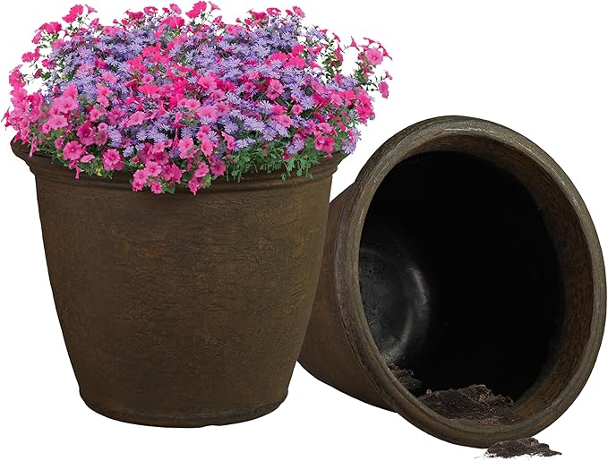 Sunnydaze 20-Inch Anjelica Large Plastic Pot for Plants - Outdoor Double-Walled Large Plastic Planter with Drillable Drainage Holes - Rust - 2pk
