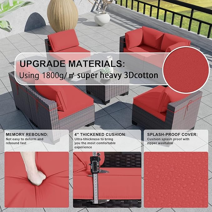Kullavik 9 Pieces Outdoor Patio Furniture Set PE Wicker Rattan Sectional Sofa Patio Conversation Sets,Red