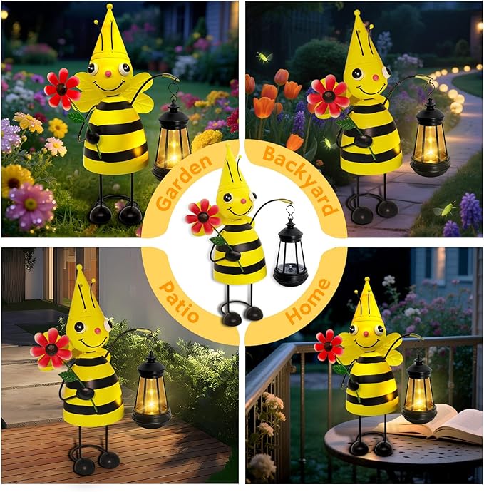Garden Decor Bee Solar Statues,Unique Garden Statues Bee with Solar Lantern Waterproof, Birthday Gifts for Women Mom Grandma, Front Patio Balcony Yard Art Lawn Ornaments Porch Outdoor Decoration