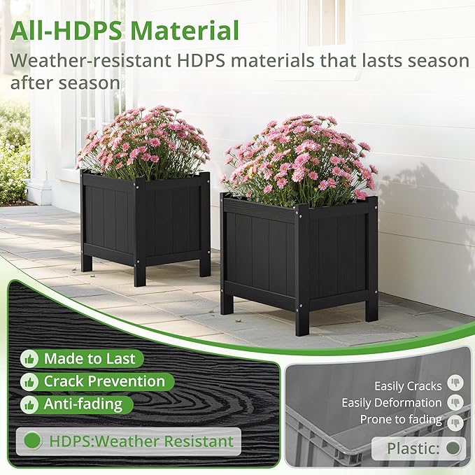 LUE BONA Outdoor Plant Pots, 13.7" x 12.5" x 14.5" HDPS Flower Pots with Drainage Holes, Outdoor Planters Boxes for Outdoor Plants - Porch Patio, Garden or Entryway, Black