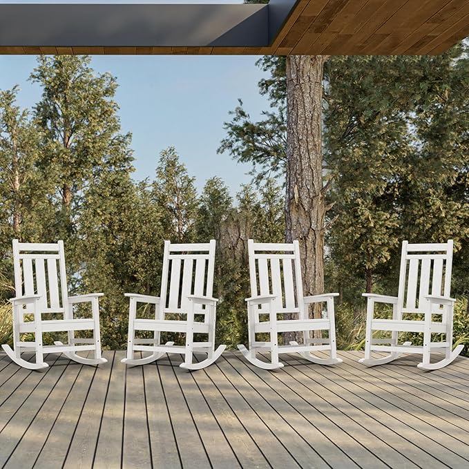 KINGYES Oversized Outdoor Rocking Chair Set of 4, All-Weather Patio Rocking Chairs for Porch, HDPE Outdoor Patio Rockers with High Back & Wide Seat for Garden, Lawn, White