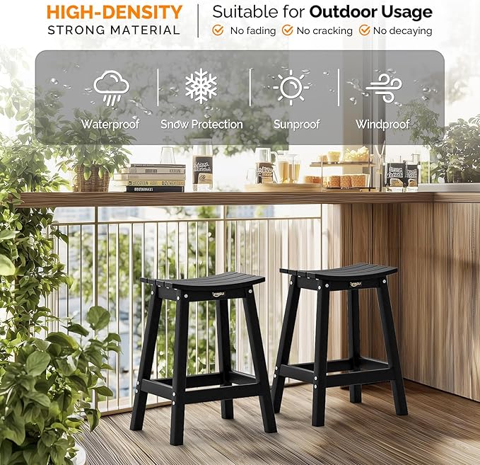 VINGLI 24 Inch Outdoor Bar Stools Set of 4, HDPE Weather Resistance Counter Height Bar Stools Durable Heavy Duty Patio Chairs for Bar Deck Balcony Kitchen Counter and Yard (Black, 24 Inch 4 PC)