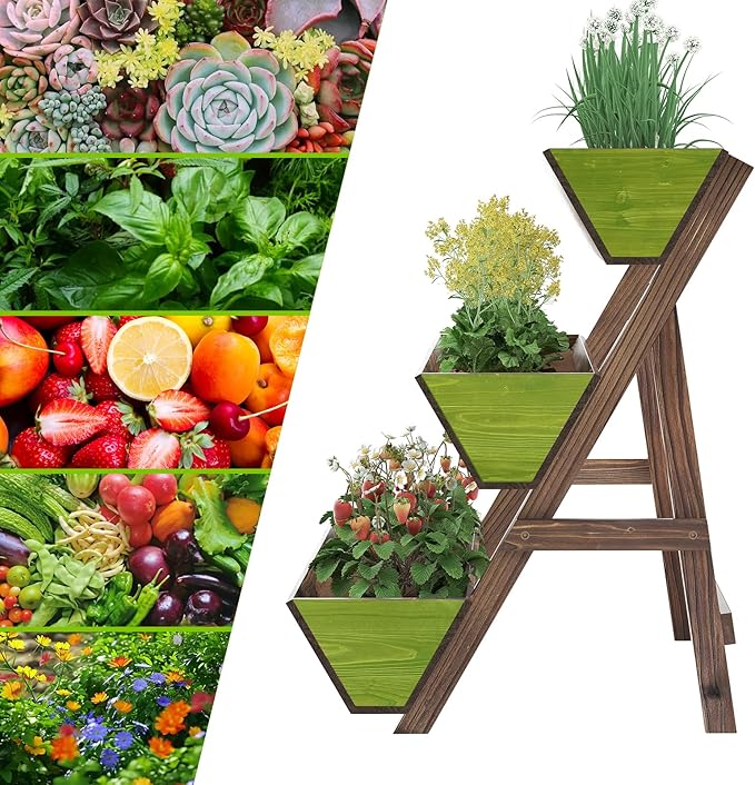 3-Tiers Wooden Raised Garden BedPlanter Box Gardening Outdoor Planter Box Patio Kit Tiered Planter Box Vertical Garden Planter Wood Plant Stand for Patio, Balcony, Freestanding (Carbonized L)