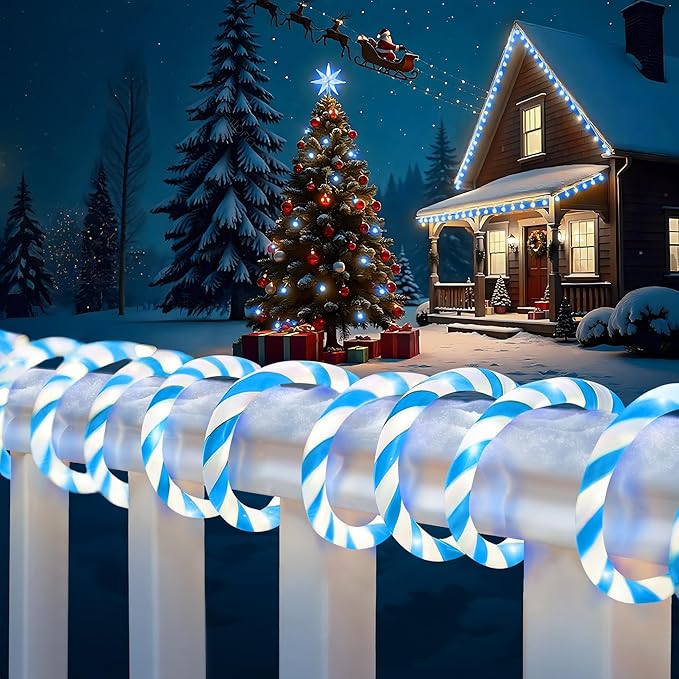 Jnaurb Christmas Candy Cane Lights, 66ft 480 LED Connectable Flexible White & Blue Candy Cane Rope Lights for Outside, 8 Modes Waterproof LED Christmas Light for Garden Patio Tree Holiday Party Decor