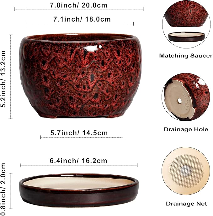SQOWL Ceramic Plant Pots - 8 inch Planter with Drainage Hole and Tray, Round Ceramic Planter for Indoor Outdoor, Modern Decorative Flower Pot, Home Room House Decor, Plant Lovers Gifts, Red