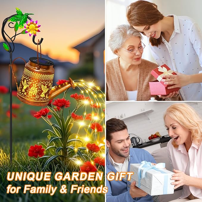 Solar Lights Outdoor Waterproof Garden Decor,Solar Watering Can Lights Hummingbird lanterns,Birthday Gifts for Mom Women,Decorative Outside Metal Hanging Fairy String Light for Yard Art Patio Porch