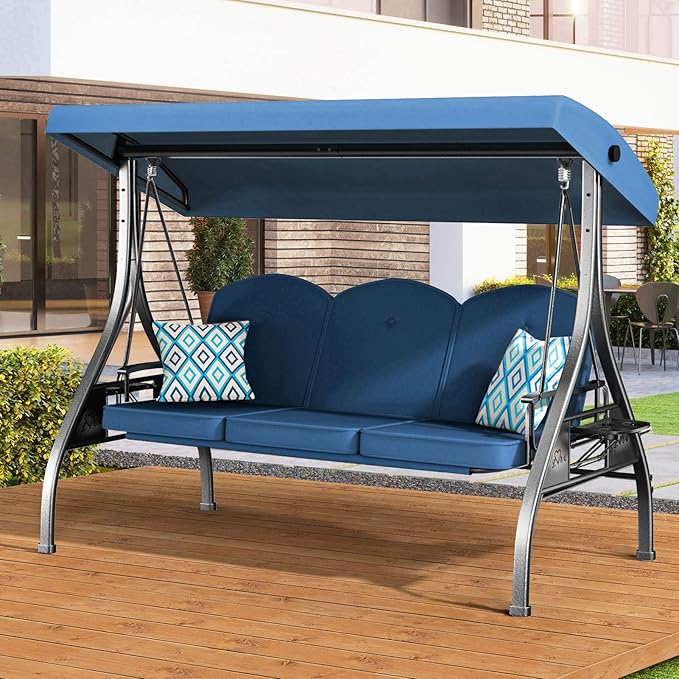 3 Seat Outdoor Porch Patio Swing with Stand 800lbs 2-in-1 Convertible Swing Bed with Adjustable Canopy & Removable Cushion for Yard Garden Deck (Blue, Square Tube)