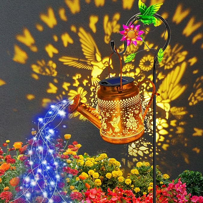 Solar Lanterns Outdoor Waterproof, Hummingbird Watering Can Garden Decor, Hanging Solar Path Lights Yard Art, Outside Patio Decoration Gardening Christmas Gift for Mom Grandma Women with Shepherd Hook