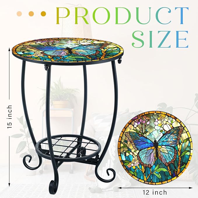 Outdoor Side Table Round Small Mosaic Patio Accent Indoor End Plant Coffee Tea Table for Yard Patio Porch Garden Living Room, Bedroom(Butterfly Style,12 Inch)