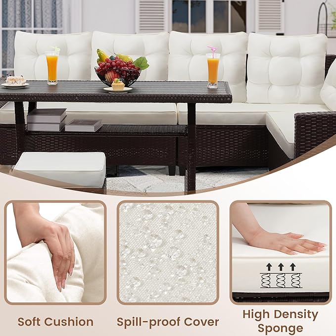 KROFEM6-Piece Patio Furniture Set, Outdoor Sectional Sofa with Dining Table & Chairs, All-Weather Dining Set with Removable Cushion Covers, Ideal for Garden, Porch, Backyard, White