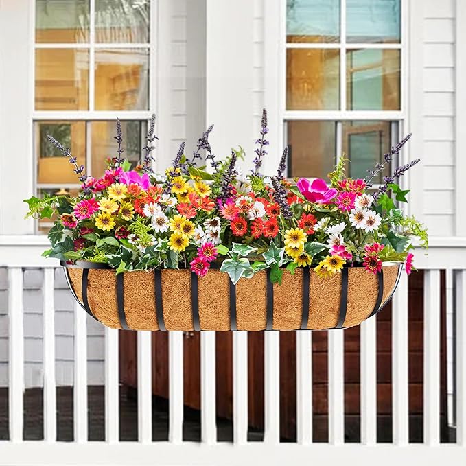 4pcs 30" Window Box Deck Railing Planter with Coco Liner, Metal Hanging Flower Planter Window Basket, Wall Planters Boxes with Horse Trough Coco Liner for Outdoor Indoor Balcony Porch Fence