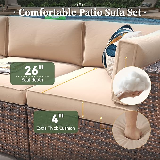 Aoxun 6 Piece Patio Furniture Set with Wide Armrests Wicker Rattan Outdoor Sectional Sofa Set with Coffee Table and Thickened Cushions, Brown/Beige(Waterproof Cover Included)