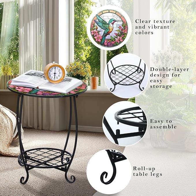 Outdoor Side Table Round Small Mosaic Patio Accent Indoor End Plant Coffee Tea Table for Yard Patio Porch Garden Living Room, Bedroom(Hummingbird Style,18 Inch)