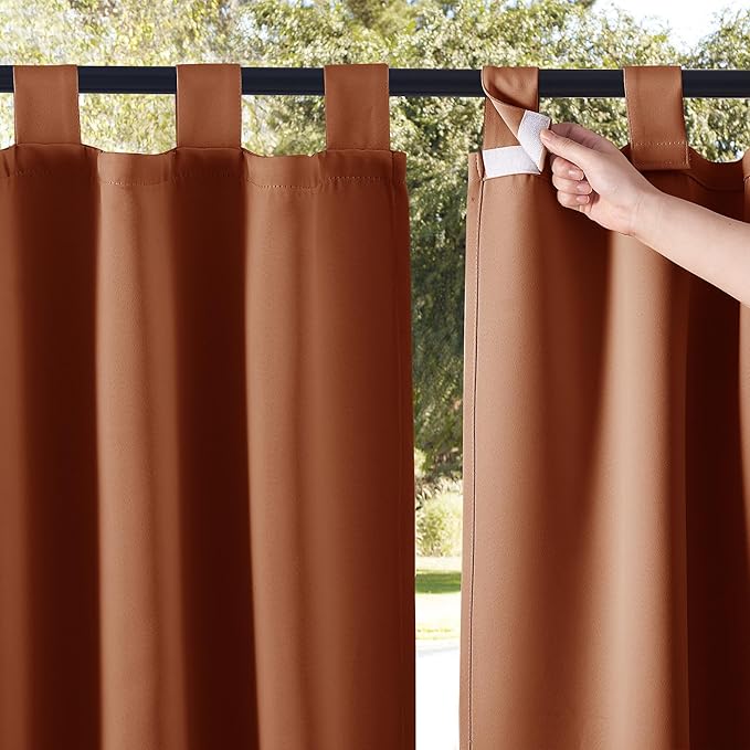 NICETOWN 2 Pieces Outdoor Curtainss for Pergola Waterproof, Self-Sticky Tab Top Blackout Indoor Outdoor Public Dividers Vertical Drapes Windproof Keep Privacy for Gazebo, Mecca Red, W52 x L95 inch