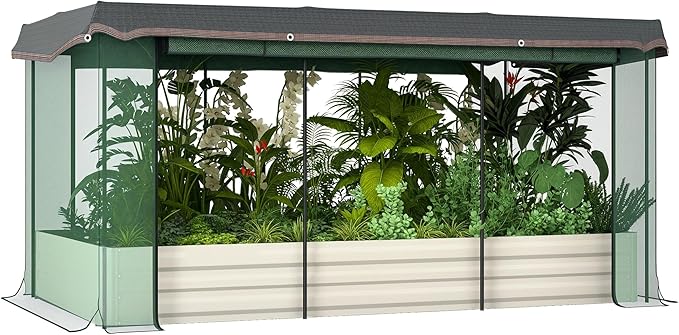 Outsunny 7.3 x 3.4 x 1 ft Galvanized Raised Garden Bed with Crop Cage Plant Protection Net and Shade Cloth Roof, Metal Planter Box with Cover for Vegetables, Flowers, Herbs, Beige