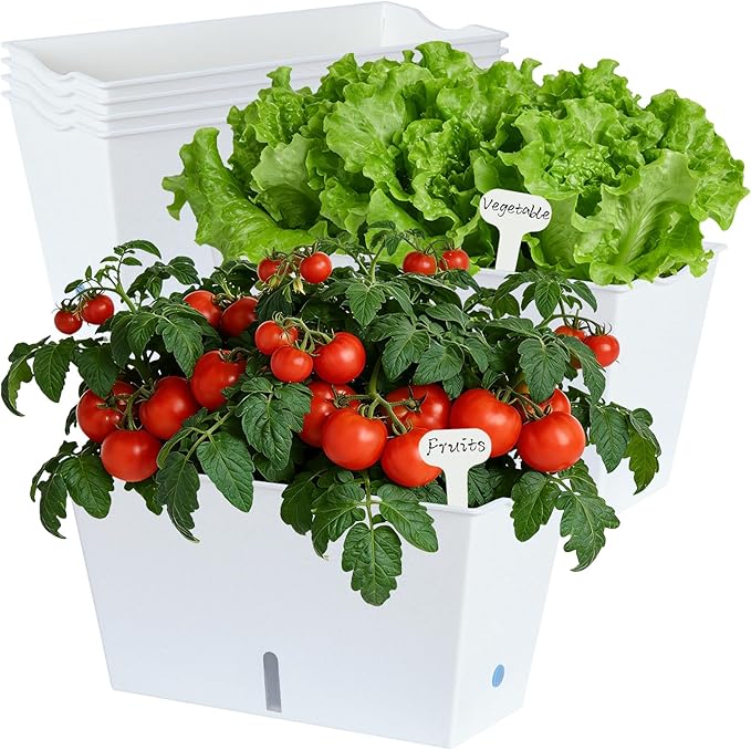 Window Box Planter 6 Pcs, 12.1 Inches Self Watering Plant Pots Rectangle Flower Pots with Drainage Holes and Breathable Trays, Vegetable Planters for Windowsill Patio Garden Balcony Porch Yard (White)
