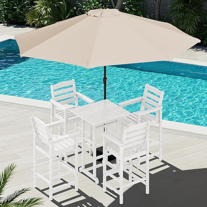 SERWALL 6 Pieces Outdoor Patio Bar Set with 9ft Umbrella, Outdoor HDPE Barstool and Table Furniture Set with Patio Umbrella, White